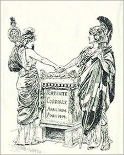 Illustration of two robed figures carrying staffs shaking hands over a stone  tablet reading “Entente Condiale April 1904 – April 1914.”