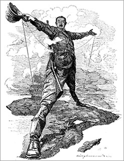 Soldier with his arms in the air standing over top of the shape of the continent of Africa.