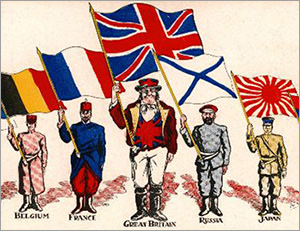 The leaders of Belgium, France, Great Britain, Russia, and Japan holding their own national flag in the air.